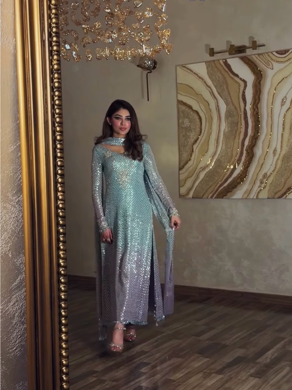 Pakistani Sequin Dress In Aqua-Silver With Scarf